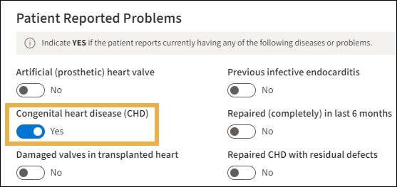 Patient reported problems window with a yellow highlight box around an example toggle in the on position.